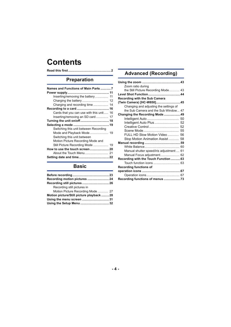 Panasonic HC-W850K User Manual | Page 4 / 220