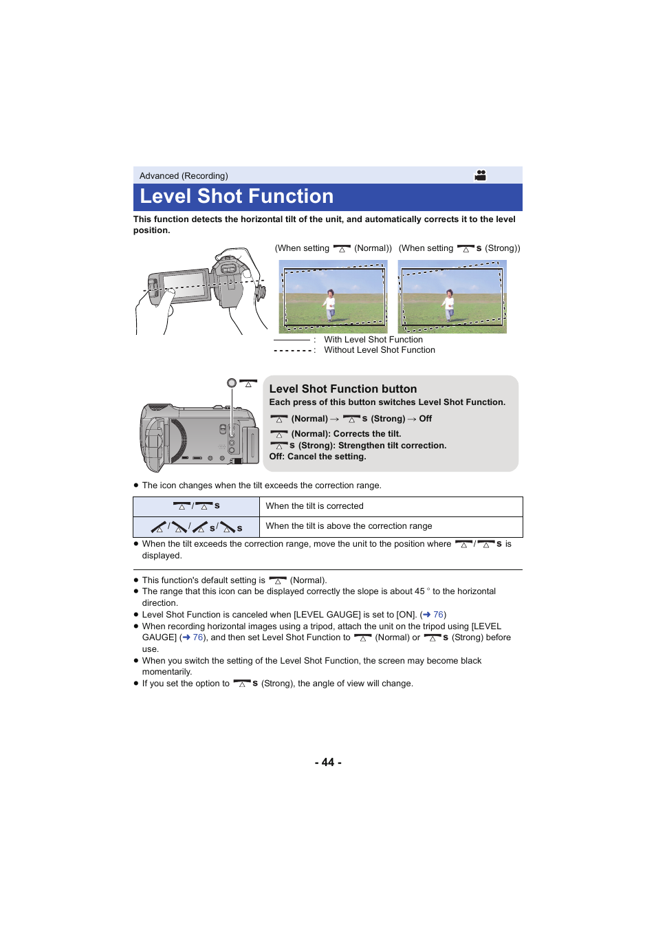 Level shot function, L 44, Level shot function button | Panasonic HC-W850K User Manual | Page 44 / 220