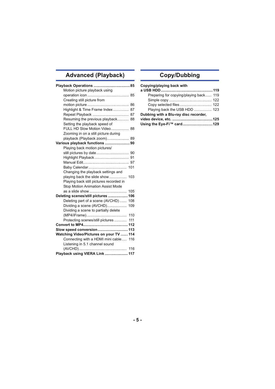 Advanced (playback), Copy/dubbing | Panasonic HC-W850K User Manual | Page 5 / 220