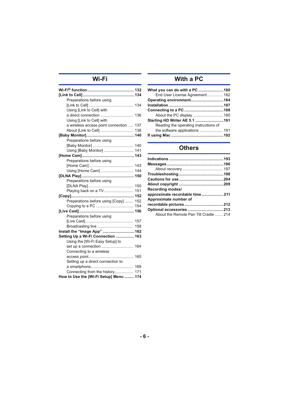 Wi-fi, With a pc, Others | Panasonic HC-W850K User Manual | Page 6 / 220