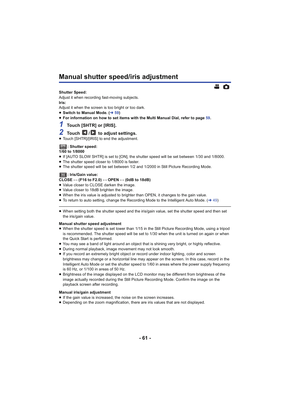 Manual shutter speed/iris adjustment, L 61 | Panasonic HC-W850K User Manual | Page 61 / 220