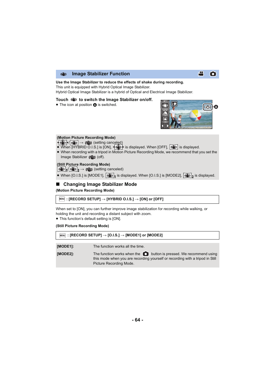 L 64, Image stabilizer function, Changing image stabilizer mode | Panasonic HC-W850K User Manual | Page 64 / 220