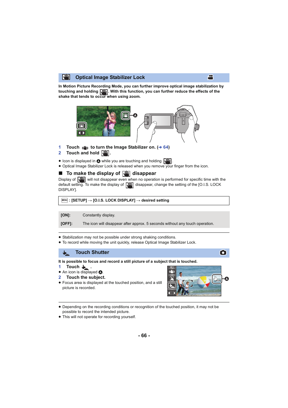 L 66, Optical image stabilizer lock, Touch shutter | Panasonic HC-W850K User Manual | Page 66 / 220