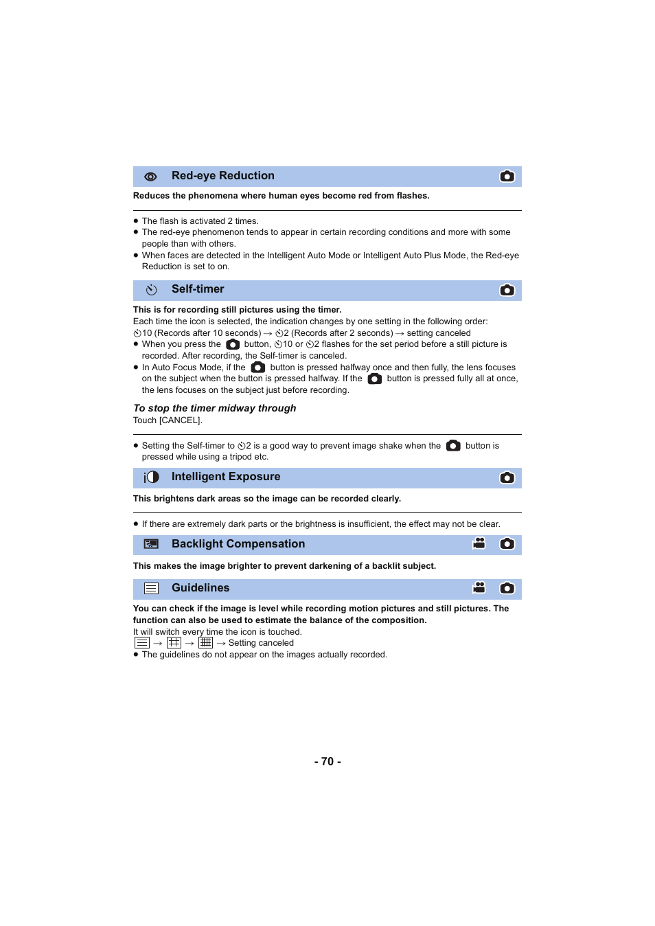 L 70, Self-timer), Backlight compensation | Self-timer, Guidelines, Red-eye reduction, Intelligent exposure | Panasonic HC-W850K User Manual | Page 70 / 220