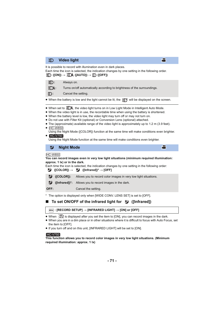 L 71, Video light), Night mode) | Video light, Night mode | Panasonic HC-W850K User Manual | Page 71 / 220