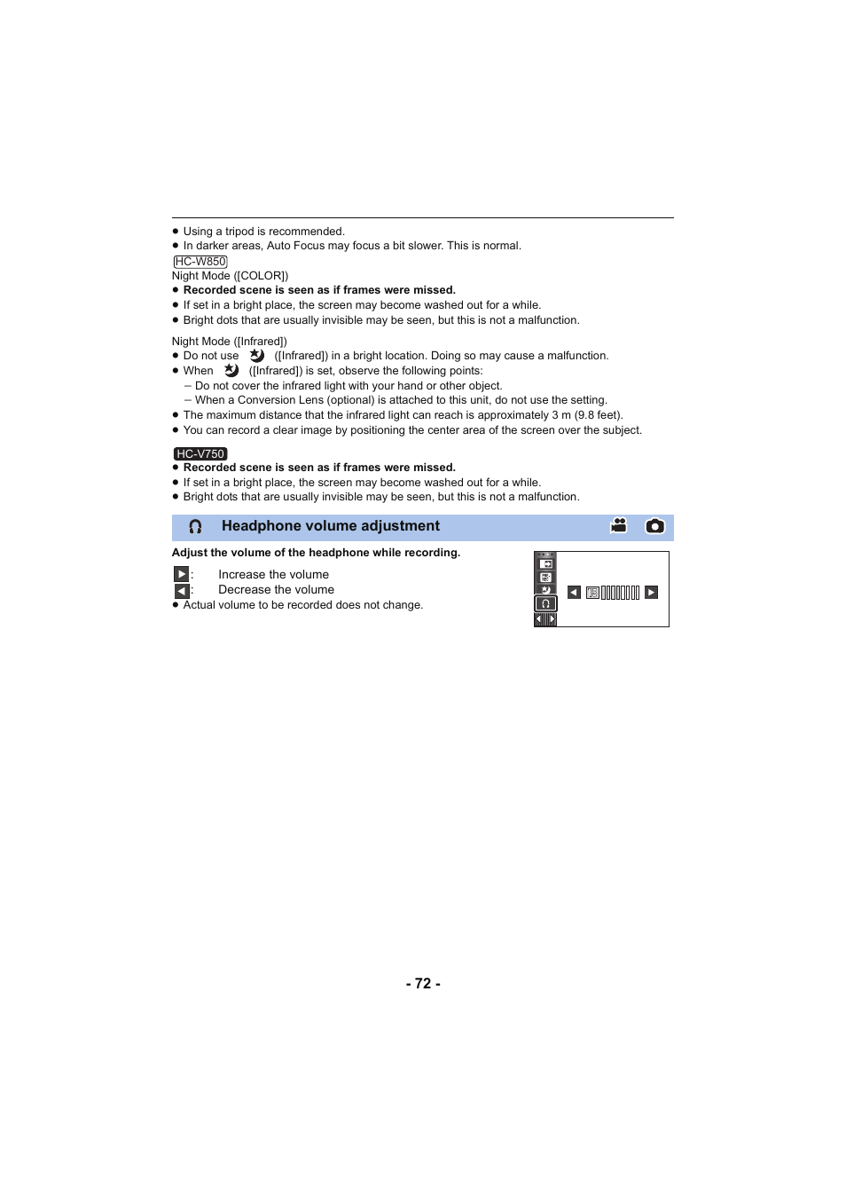 L 72, Headphone volume adjustment | Panasonic HC-W850K User Manual | Page 72 / 220