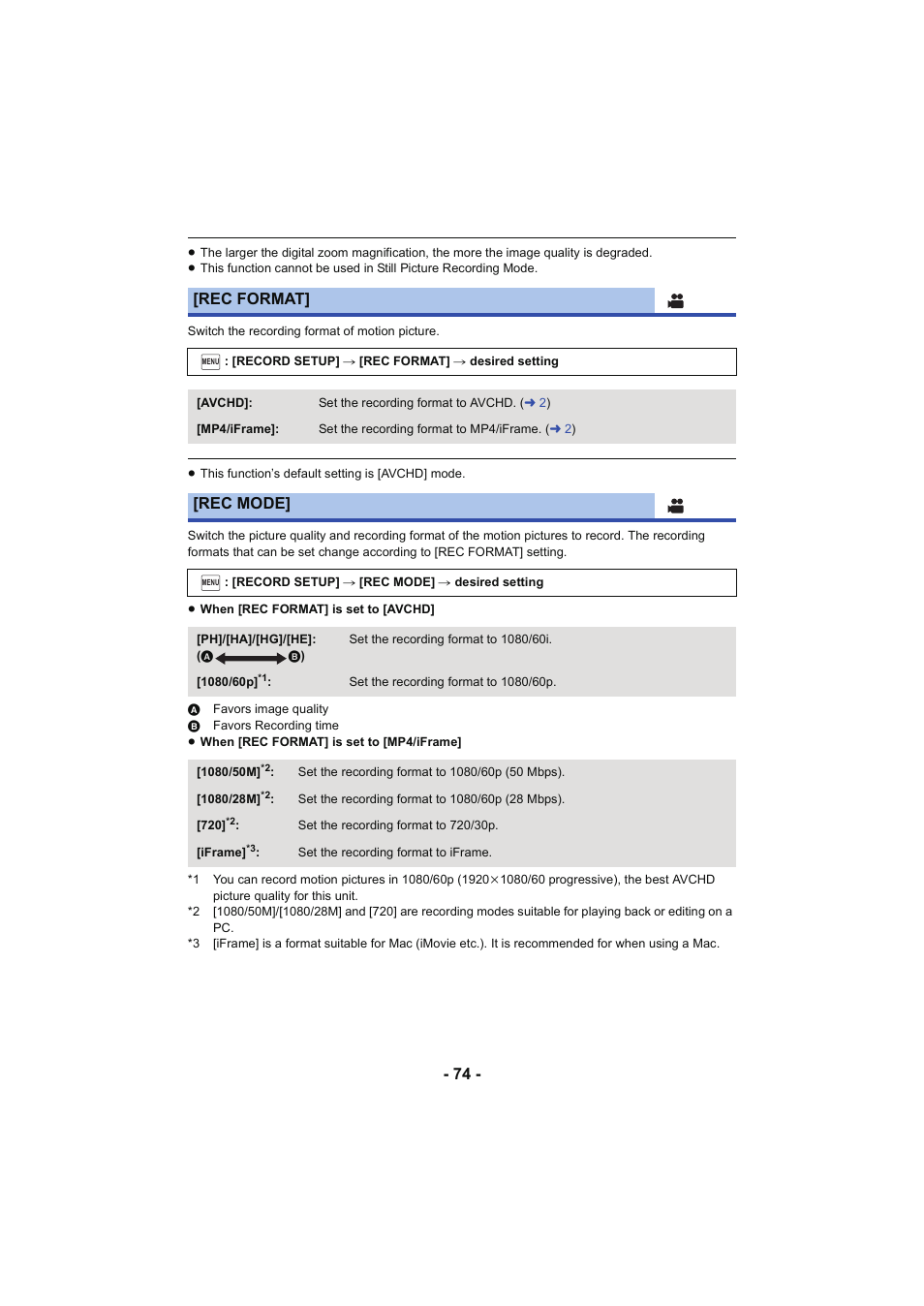 L 74, Rec format, Rec mode | Panasonic HC-W850K User Manual | Page 74 / 220