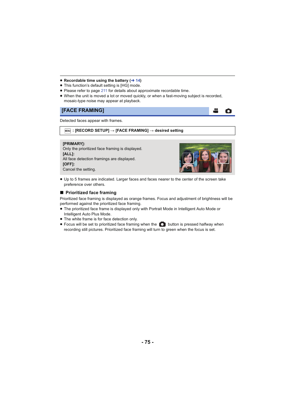 Face framing | Panasonic HC-W850K User Manual | Page 75 / 220