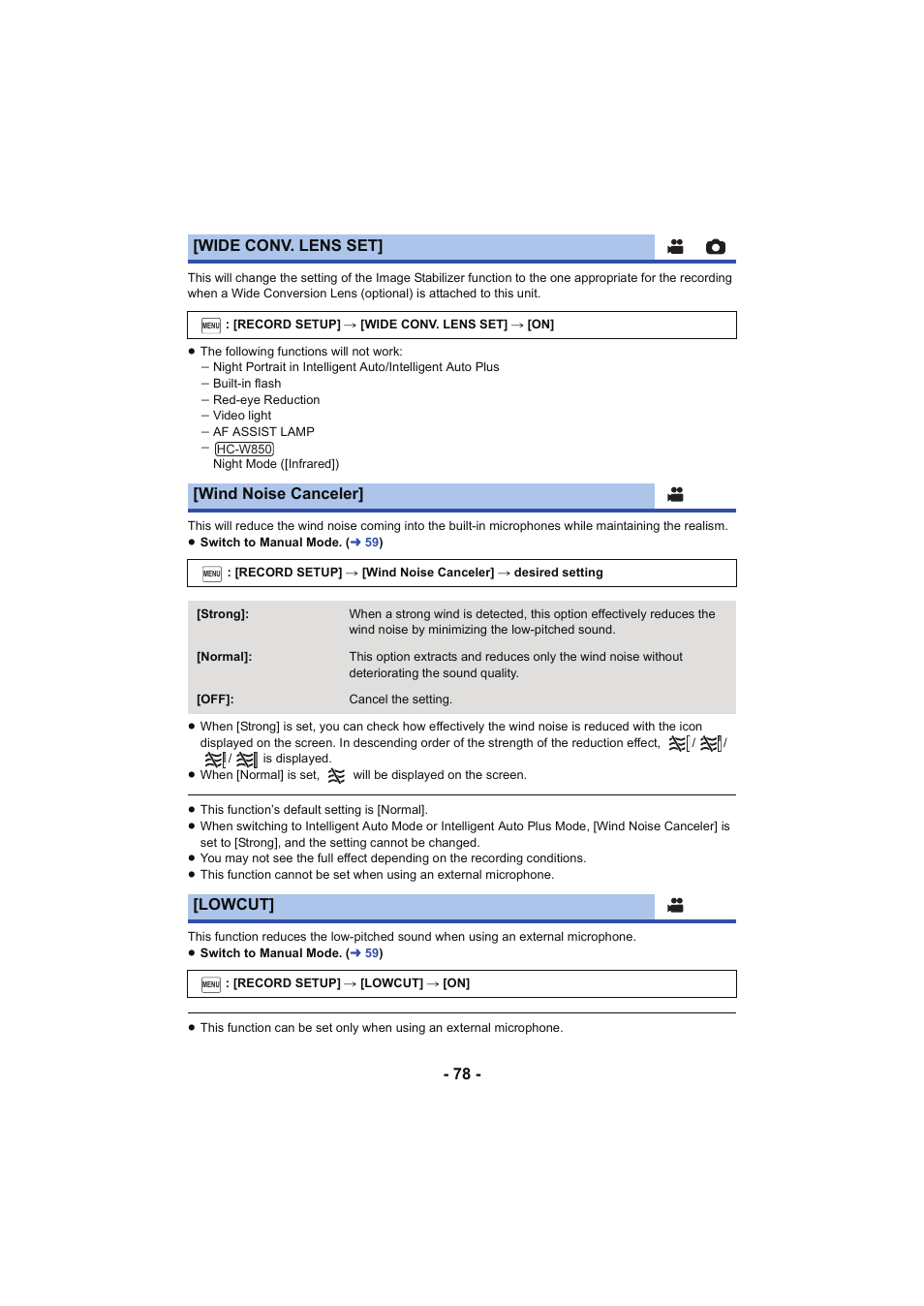 Wide conv. lens set, Wind noise canceler, Lowcut | Panasonic HC-W850K User Manual | Page 78 / 220