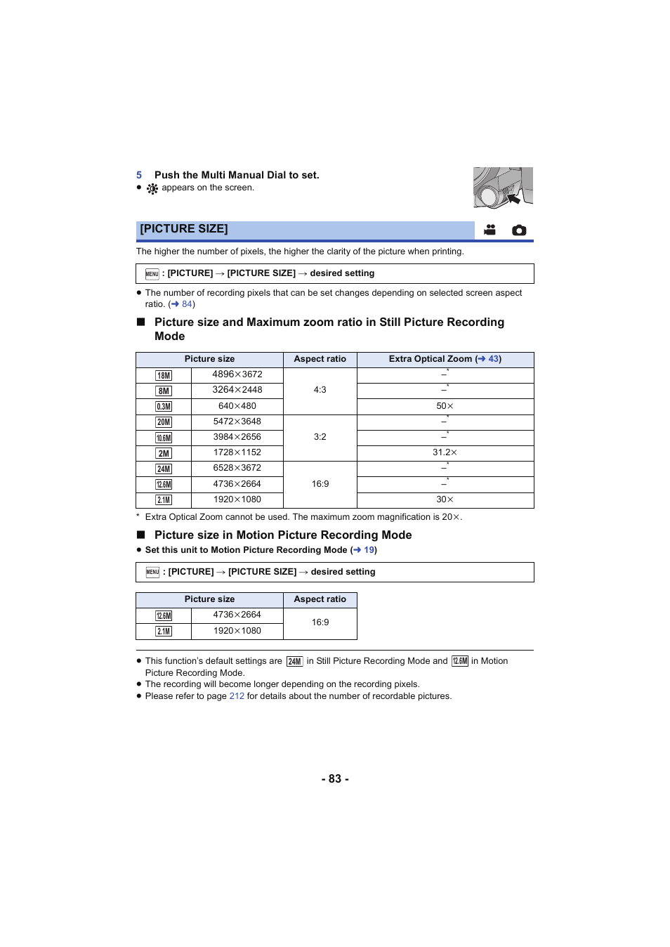 L 83, Picture size in motion picture recording mode, Picture size | Panasonic HC-W850K User Manual | Page 83 / 220