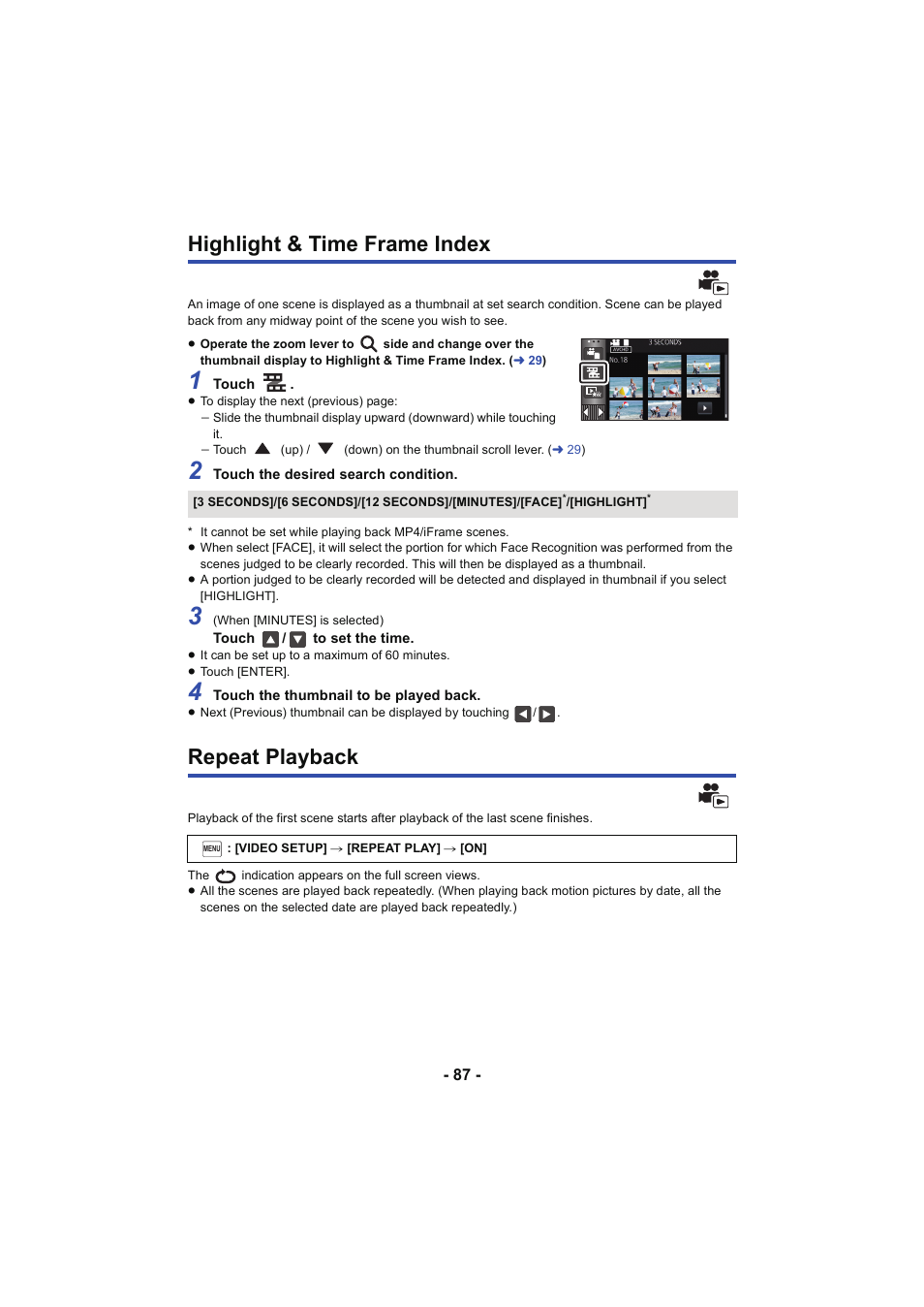 Highlight & time frame index, Repeat playback, Highlight & time frame index repeat playback | Panasonic HC-W850K User Manual | Page 87 / 220