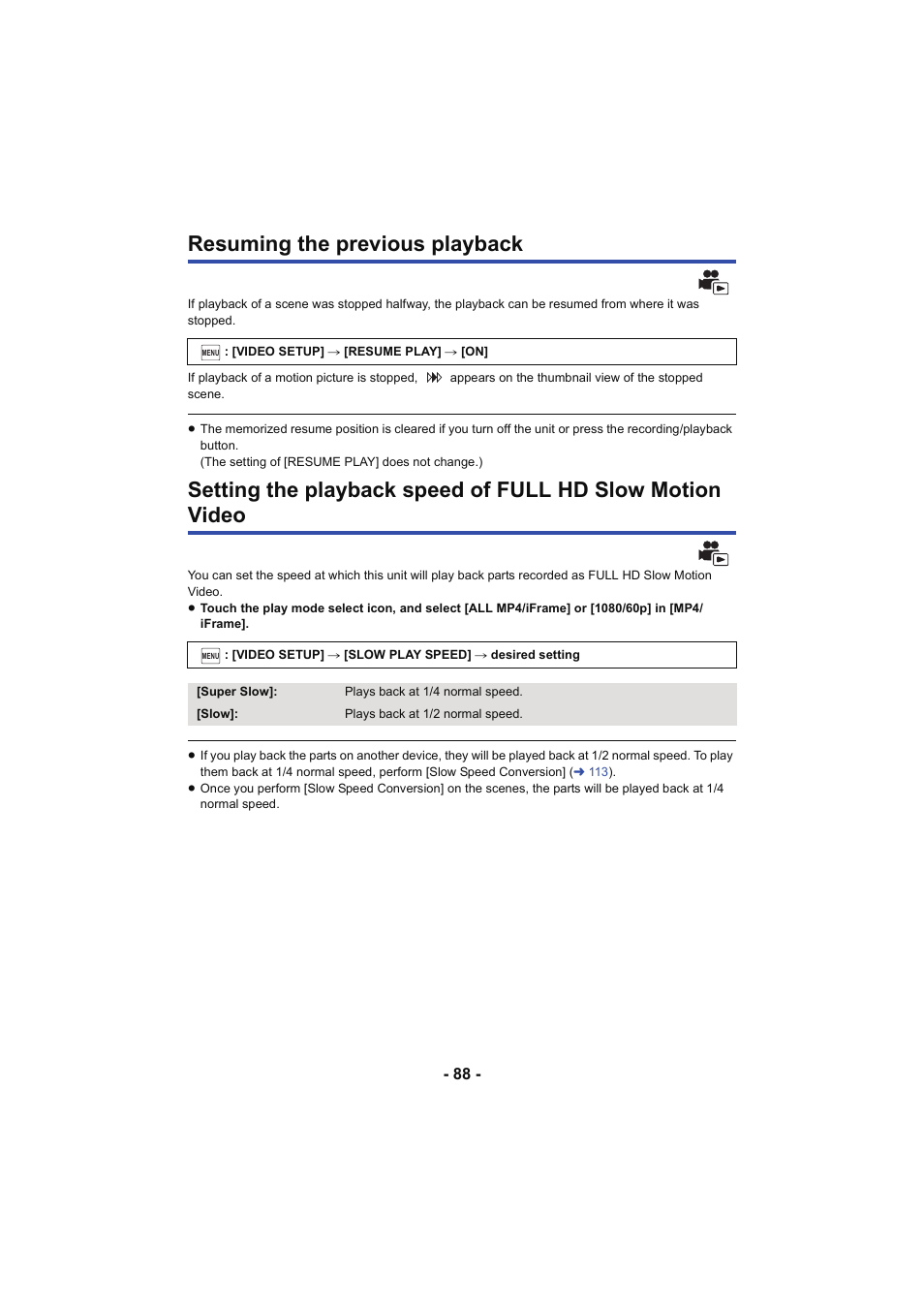 Resuming the previous playback, L 88 | Panasonic HC-W850K User Manual | Page 88 / 220