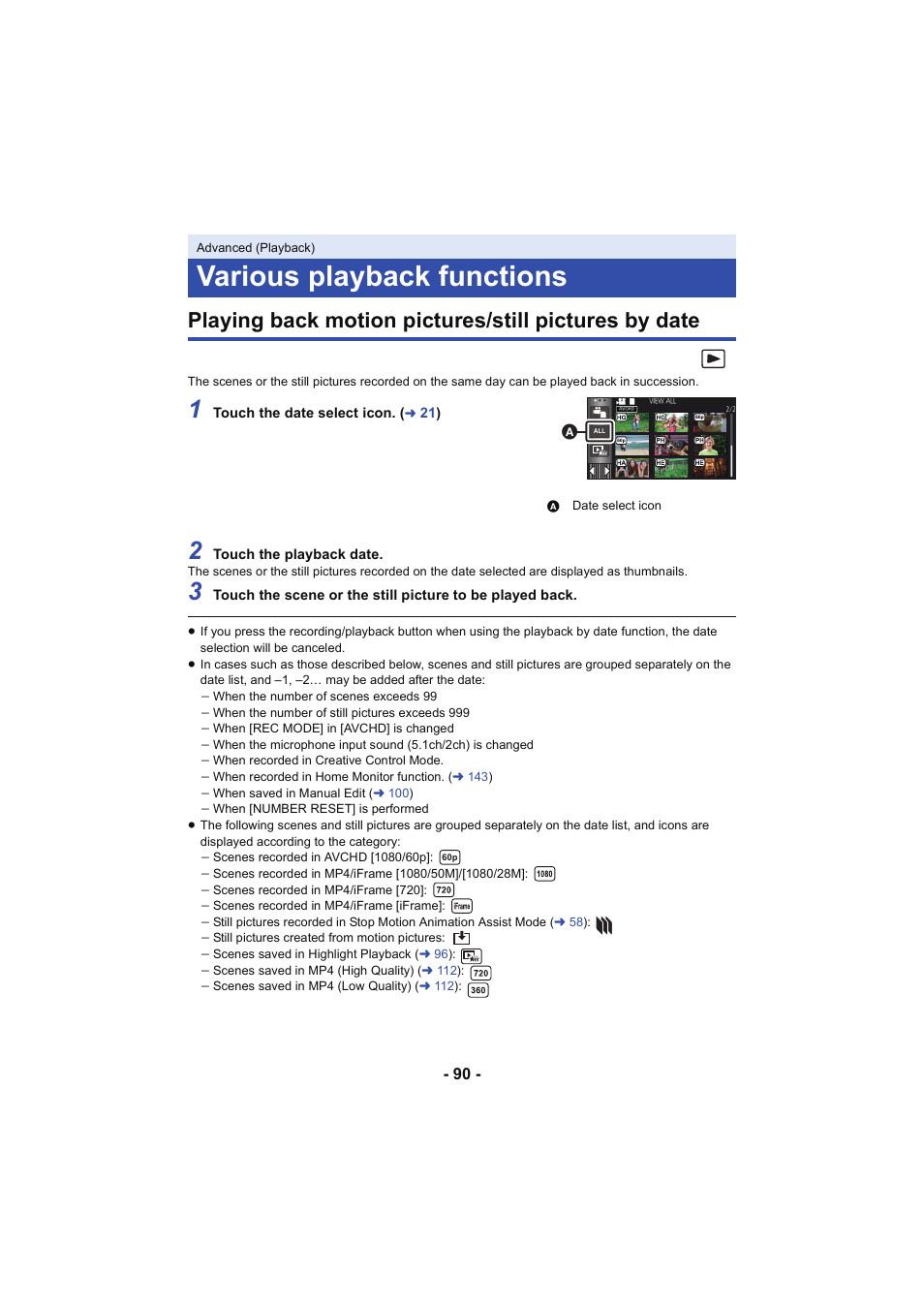 Various playback functions, L 90 | Panasonic HC-W850K User Manual | Page 90 / 220
