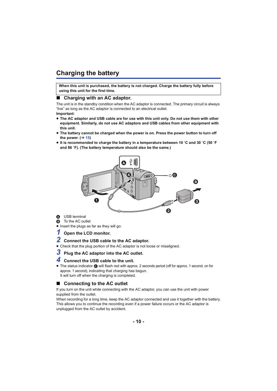 Charging the battery | Panasonic HC-V130K User Manual | Page 10 / 100