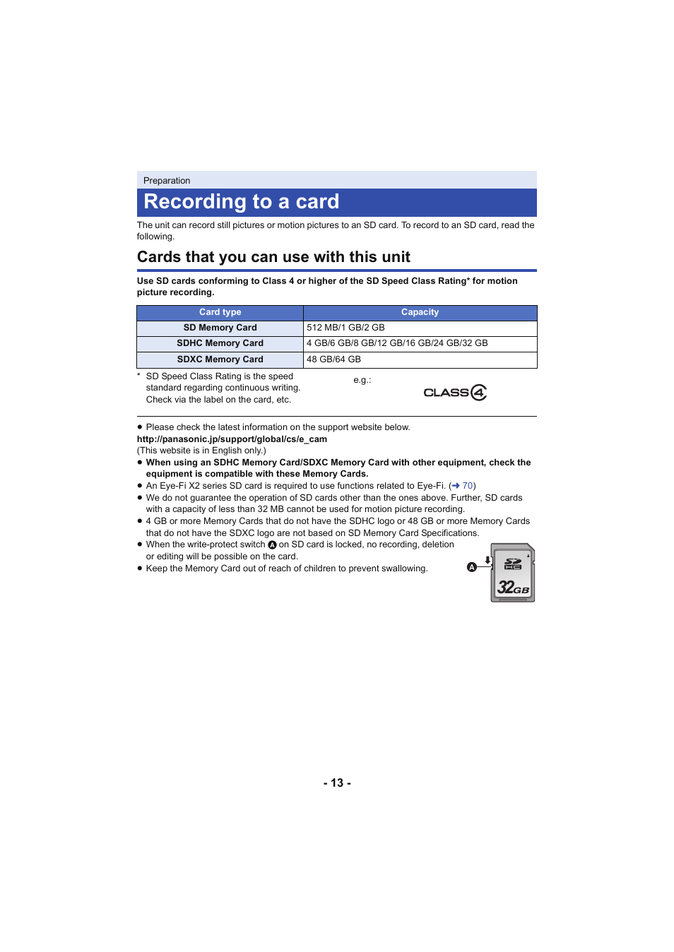 Recording to a card, Cards that you can use with this unit | Panasonic HC-V130K User Manual | Page 13 / 100
