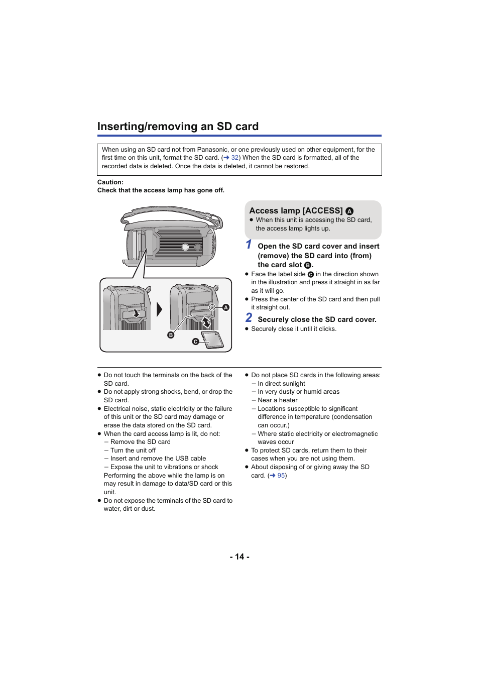Inserting/removing an sd card, L 14 | Panasonic HC-V130K User Manual | Page 14 / 100