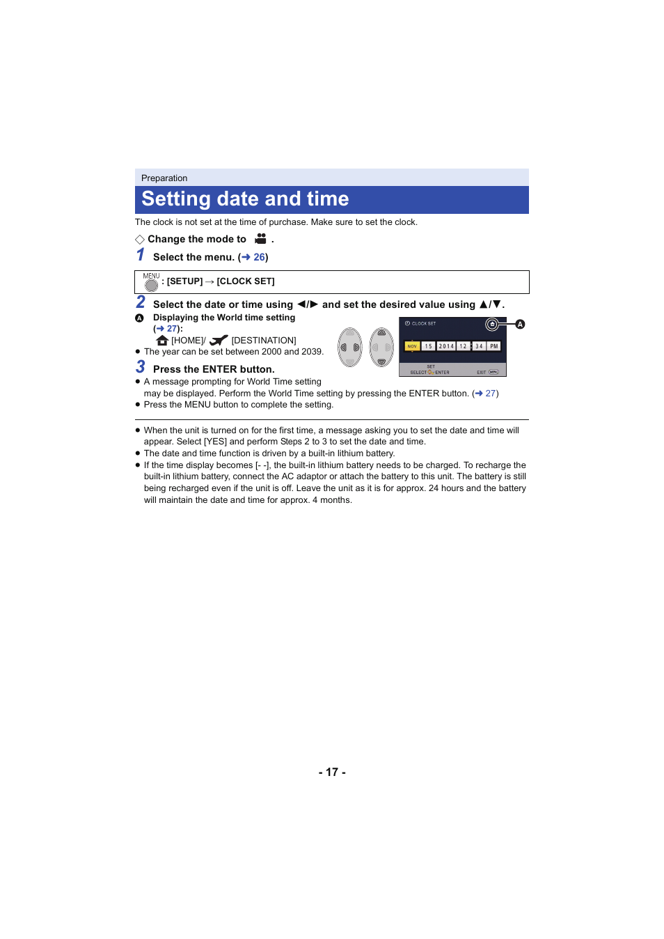 Setting date and time | Panasonic HC-V130K User Manual | Page 17 / 100
