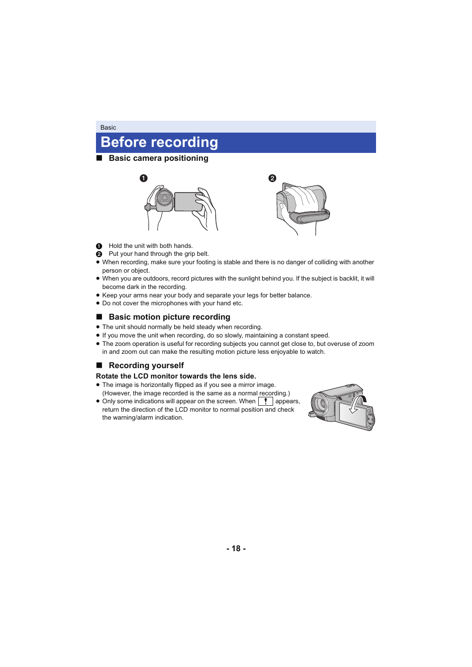 Basic, Before recording, L 18 | Panasonic HC-V130K User Manual | Page 18 / 100
