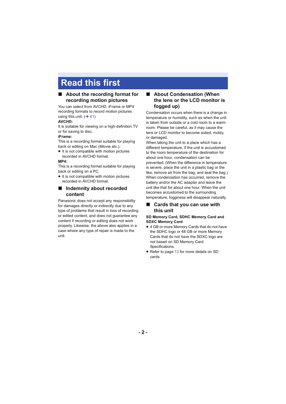 Read this first | Panasonic HC-V130K User Manual | Page 2 / 100