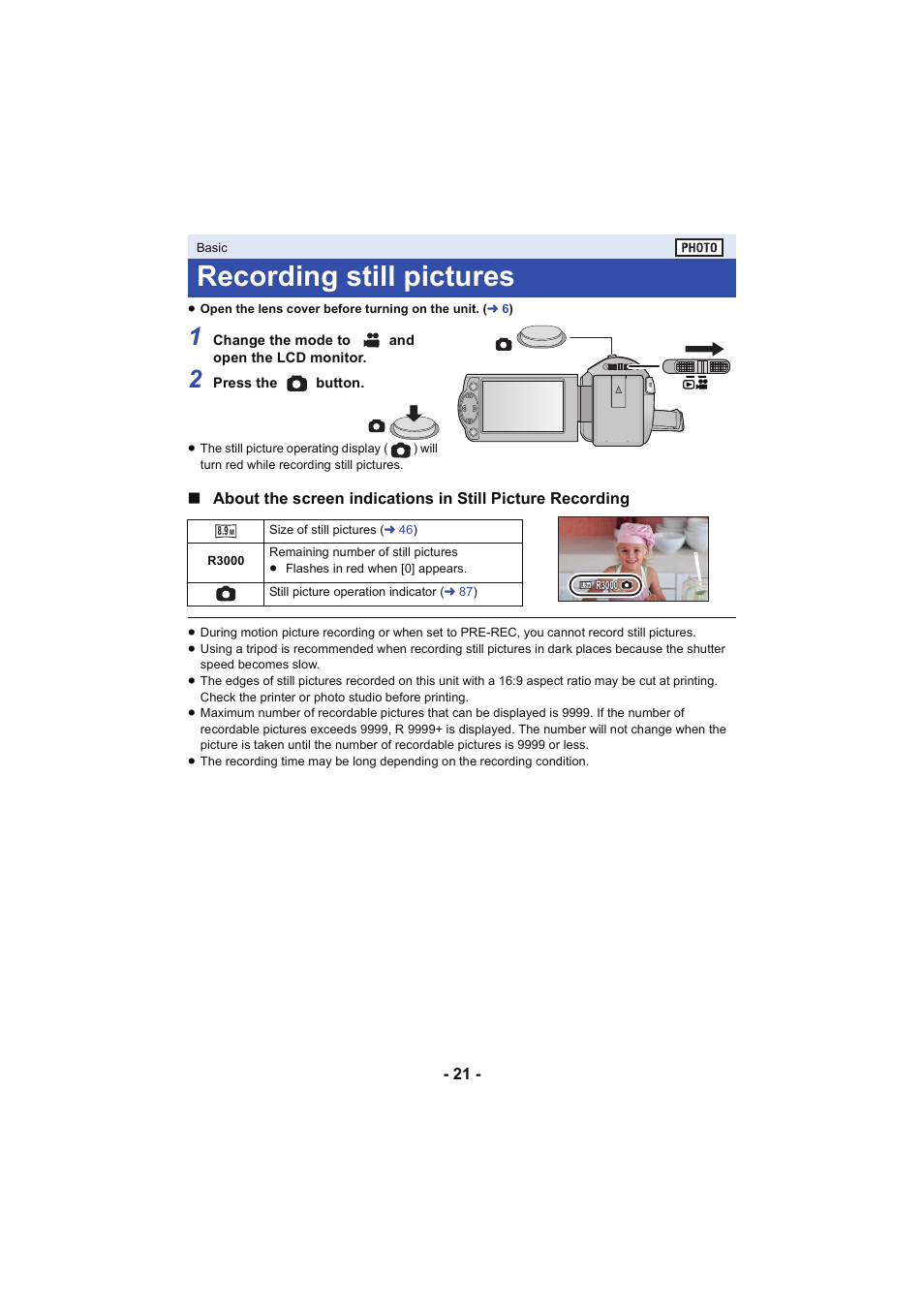Recording still pictures, L 21 | Panasonic HC-V130K User Manual | Page 21 / 100