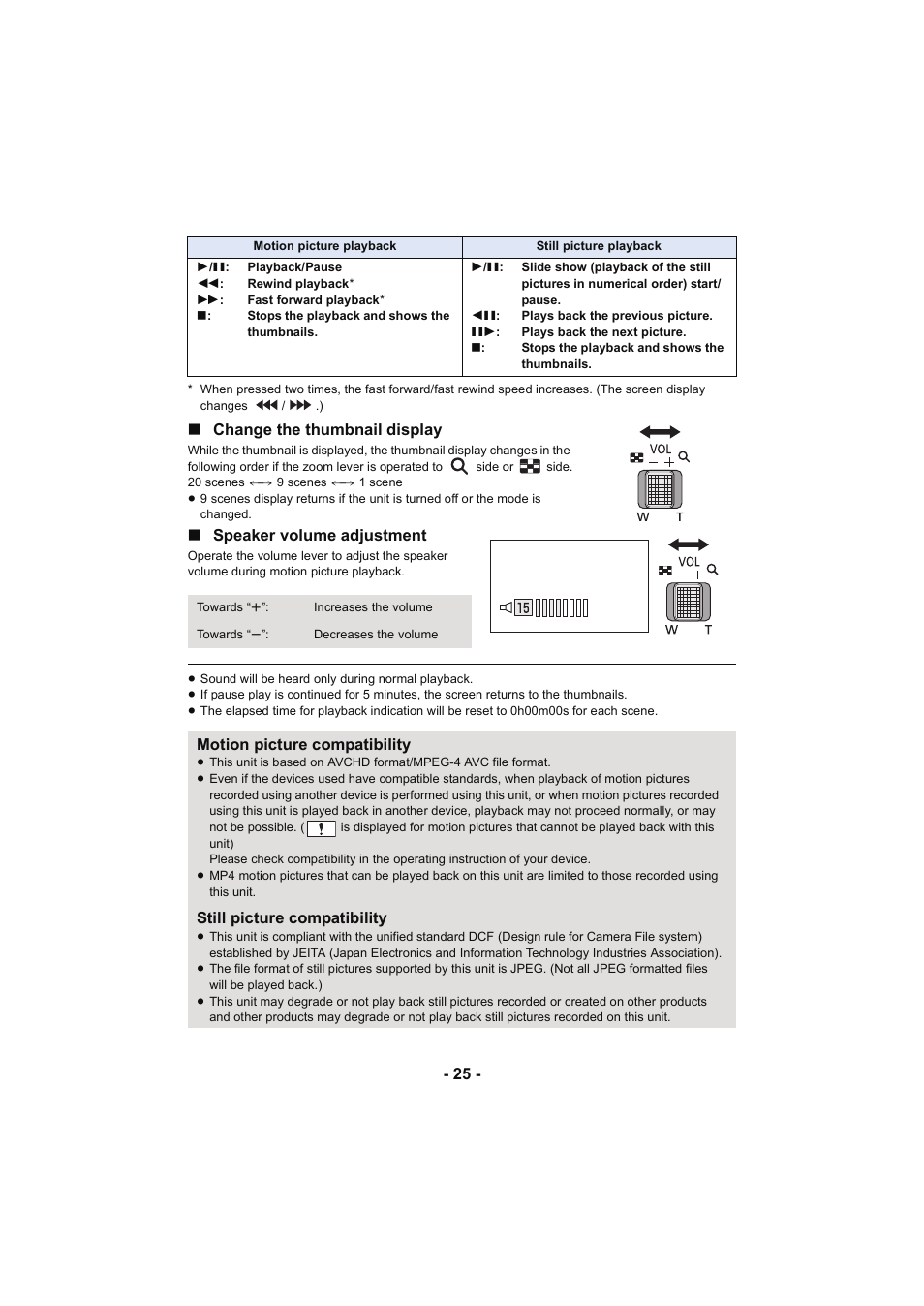 L 25, Change the thumbnail display, Speaker volume adjustment | Motion picture compatibility, Still picture compatibility | Panasonic HC-V130K User Manual | Page 25 / 100