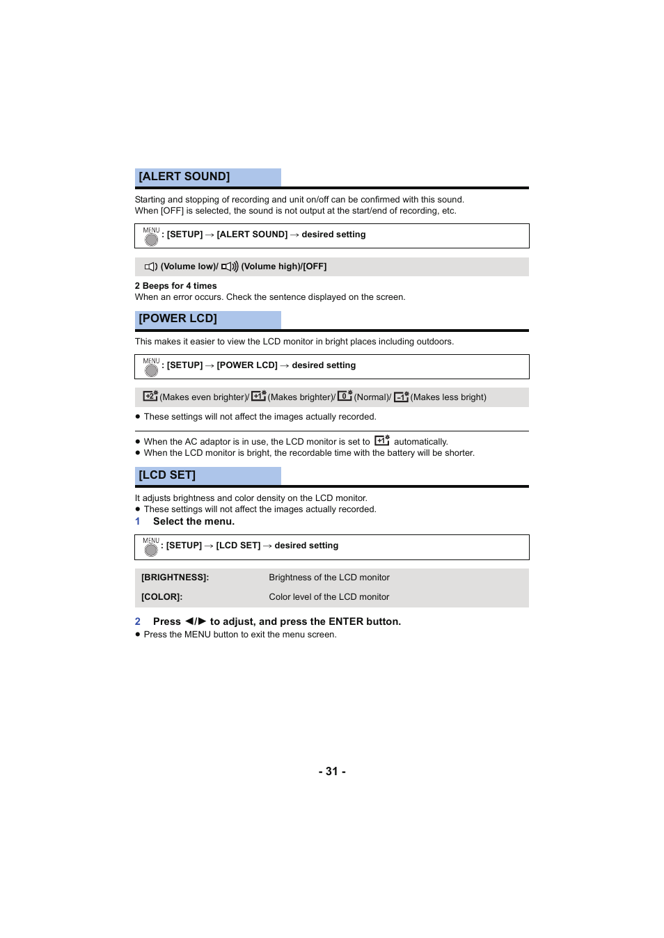 Alert sound, Power lcd, Lcd set | Panasonic HC-V130K User Manual | Page 31 / 100