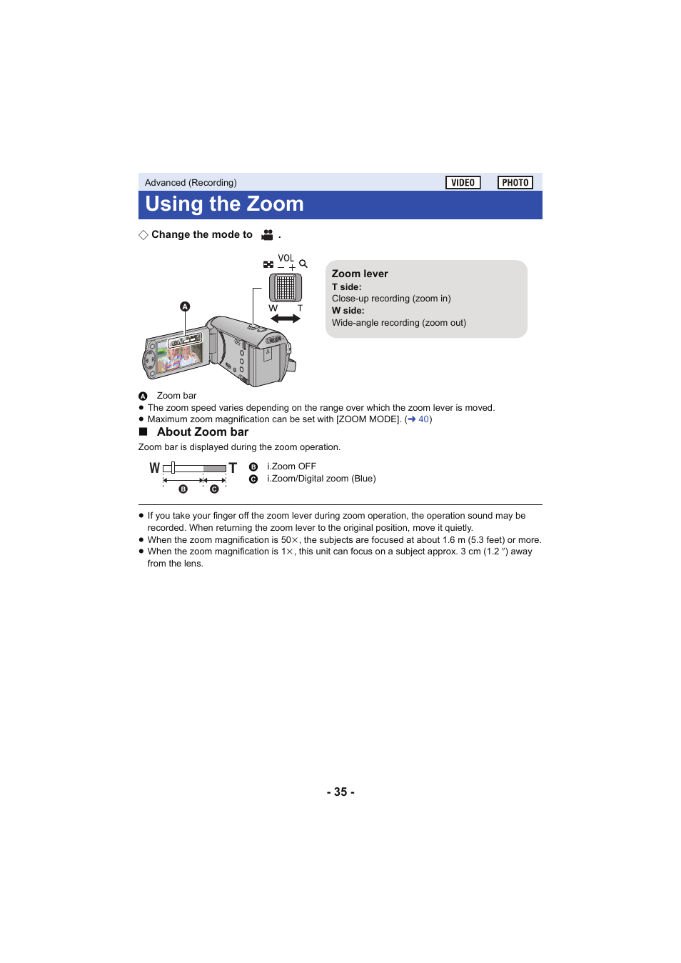 Advanced (recording), Using the zoom, L 35 | About zoom bar | Panasonic HC-V130K User Manual | Page 35 / 100