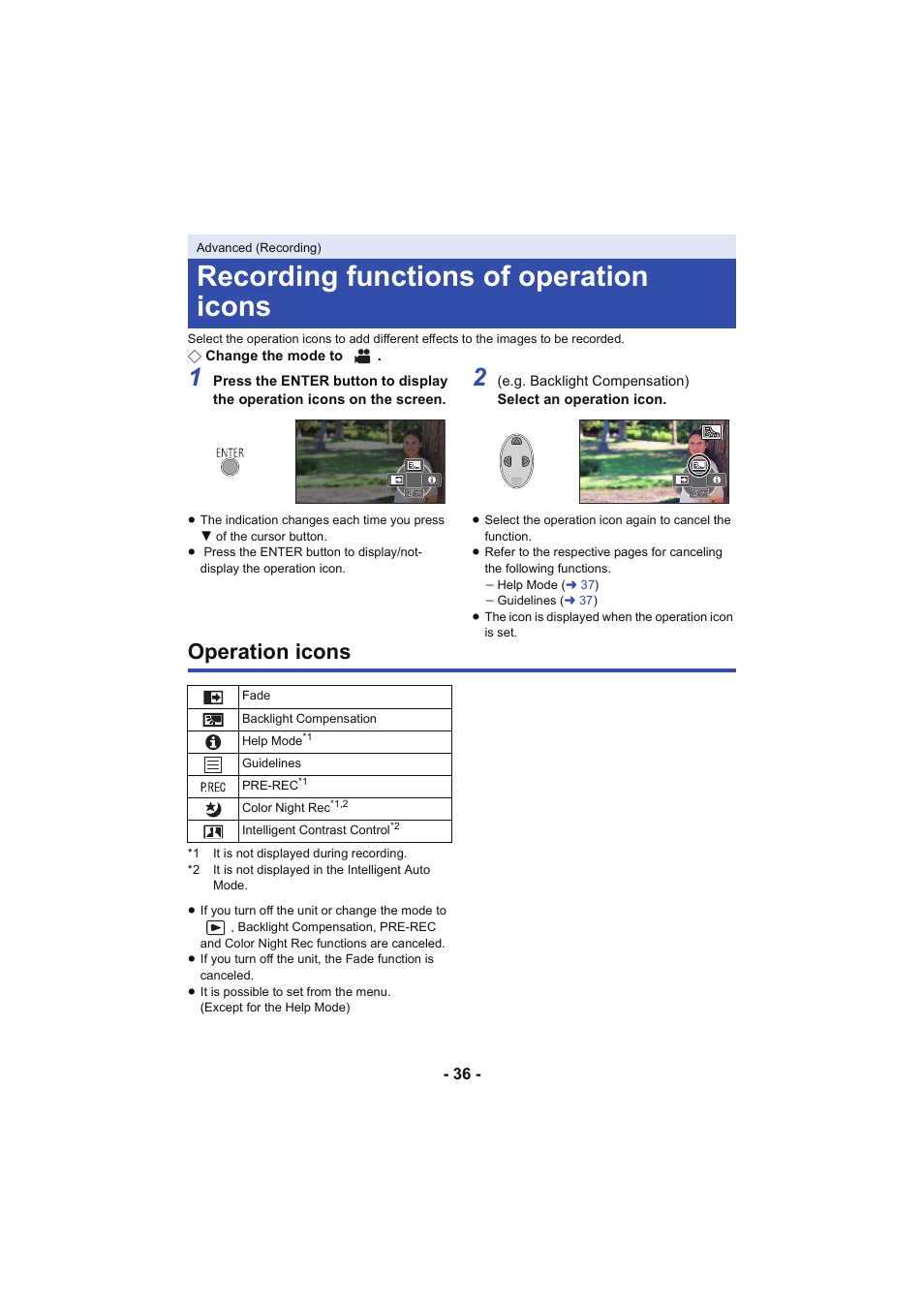 Recording functions of operation icons, Operation icons | Panasonic HC-V130K User Manual | Page 36 / 100