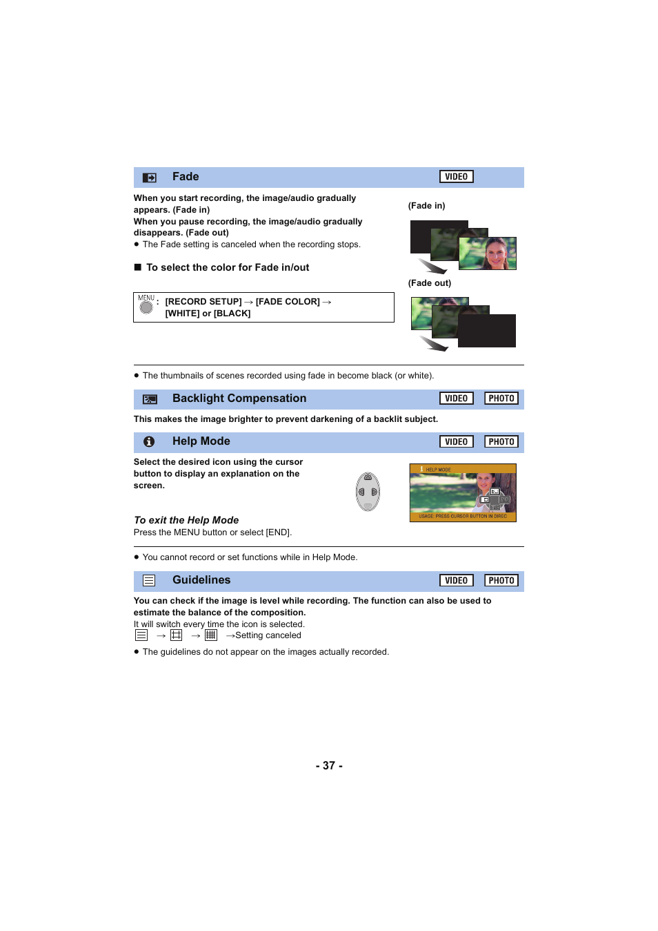 Backlight compensation), Help mode, L 37 | Guidelines, Fade, Backlight compensation, Backlight compensation help mode guidelines | Panasonic HC-V130K User Manual | Page 37 / 100