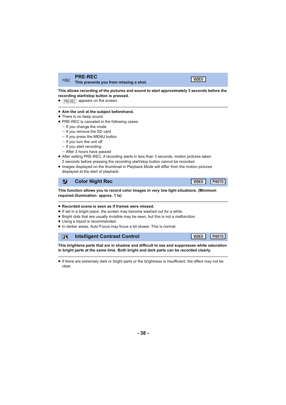 Pre-rec, Color night rec, Intelligent contrast control | Panasonic HC-V130K User Manual | Page 38 / 100