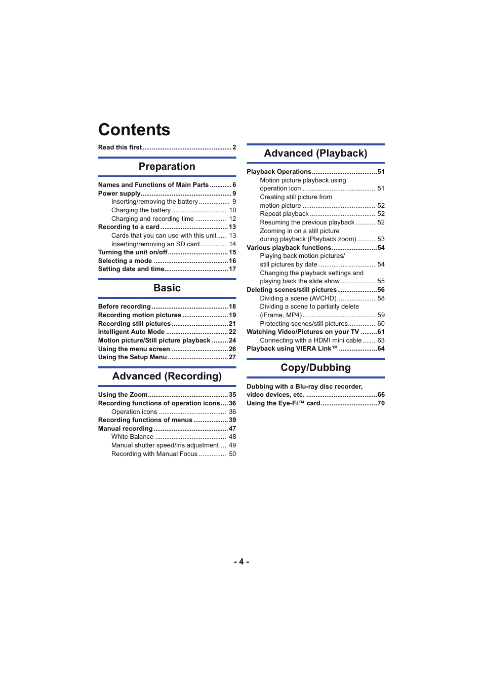 Panasonic HC-V130K User Manual | Page 4 / 100