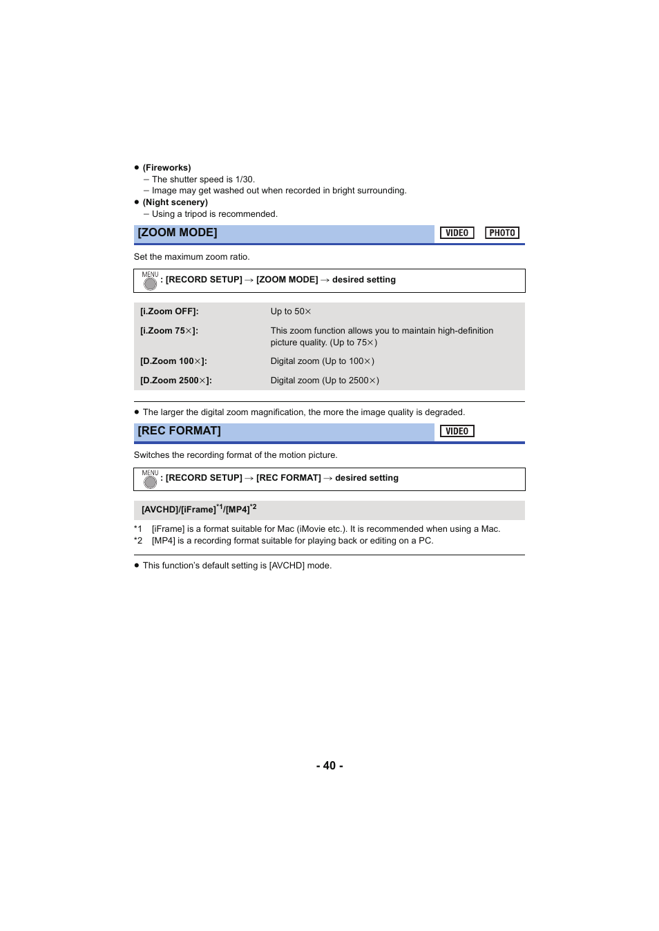 L 40, Zoom mode, Rec format | Panasonic HC-V130K User Manual | Page 40 / 100