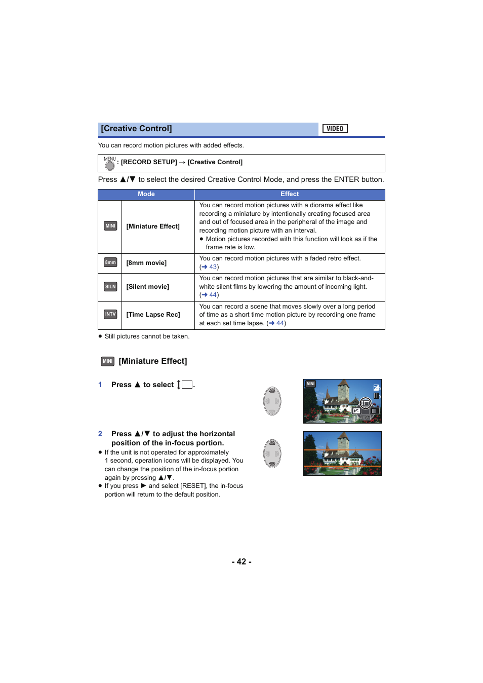 Creative control, Miniature effect | Panasonic HC-V130K User Manual | Page 42 / 100