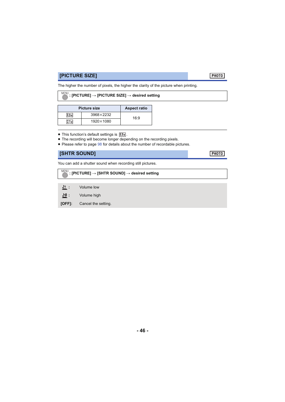 L 46, Picture size, Shtr sound | Panasonic HC-V130K User Manual | Page 46 / 100