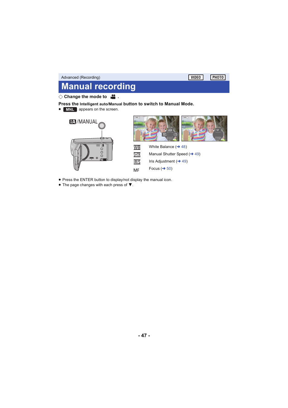 Manual recording, L 47, Manual | Panasonic HC-V130K User Manual | Page 47 / 100