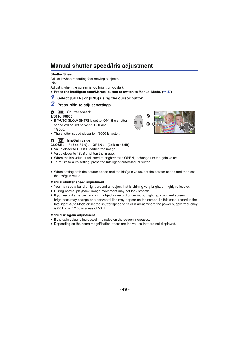 Manual shutter speed/iris adjustment, L 49 | Panasonic HC-V130K User Manual | Page 49 / 100