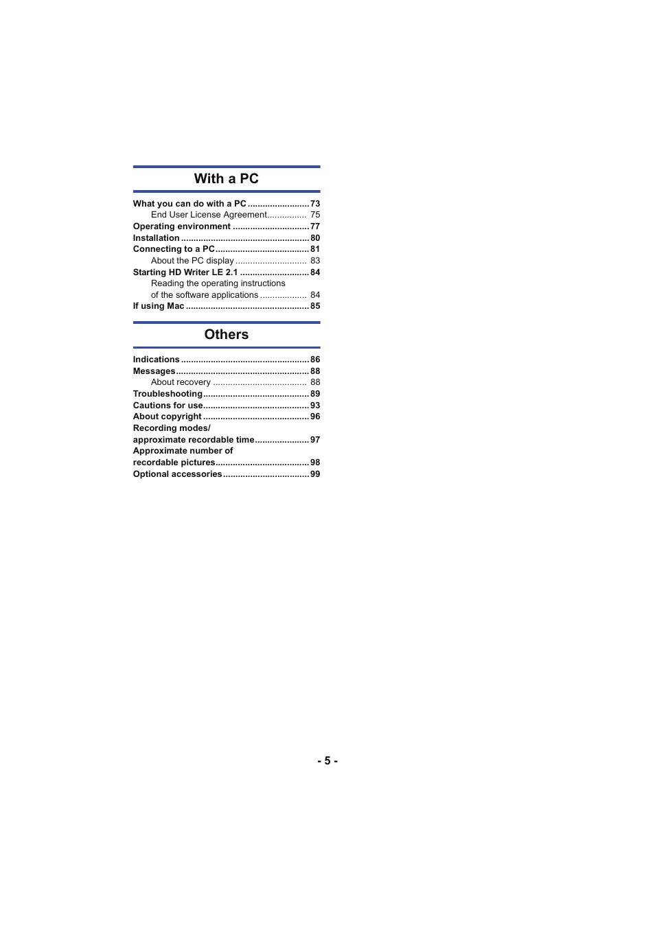 With a pc, Others | Panasonic HC-V130K User Manual | Page 5 / 100