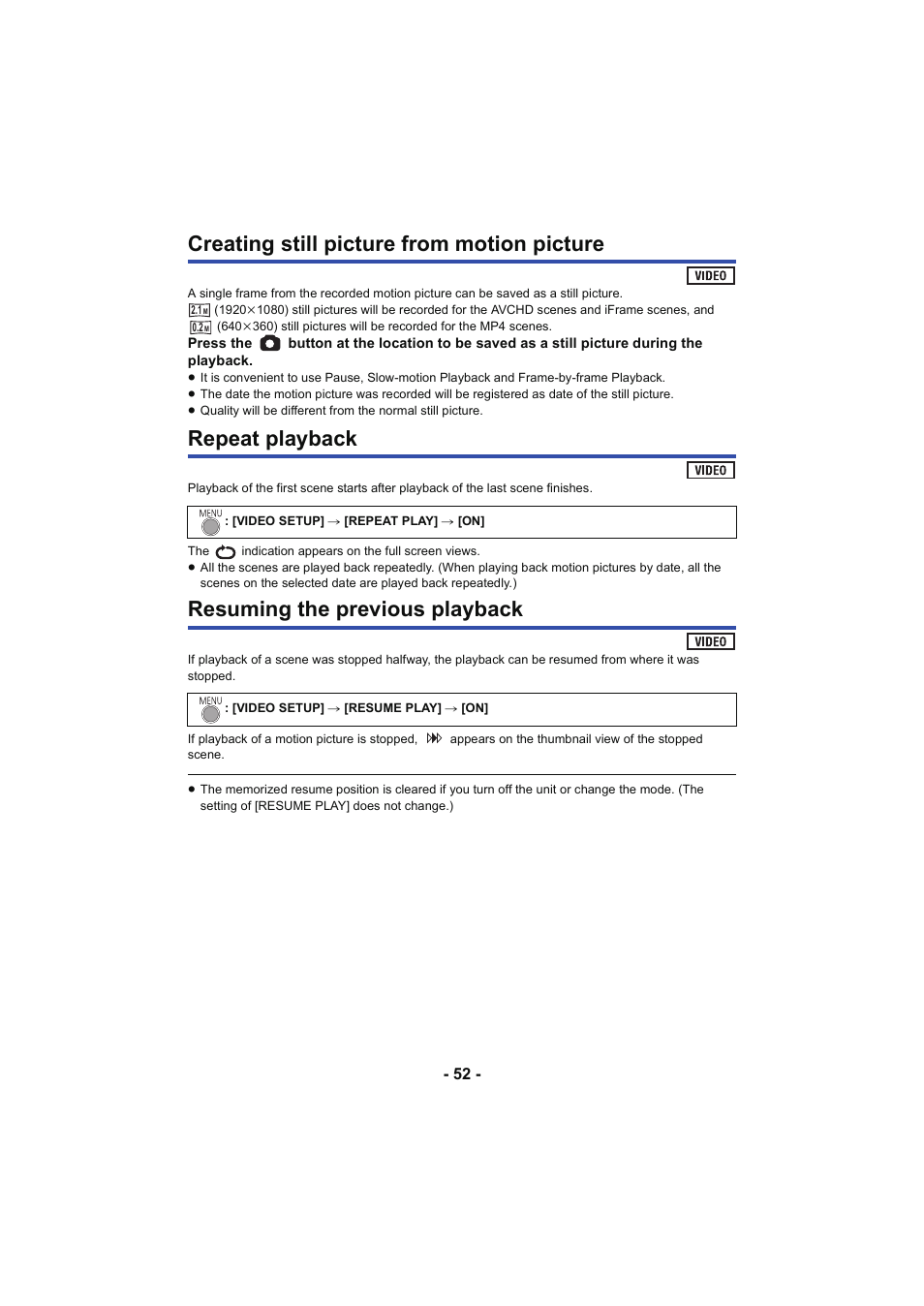 Creating still picture from motion picture, Repeat playback, Resuming the previous playback | Panasonic HC-V130K User Manual | Page 52 / 100