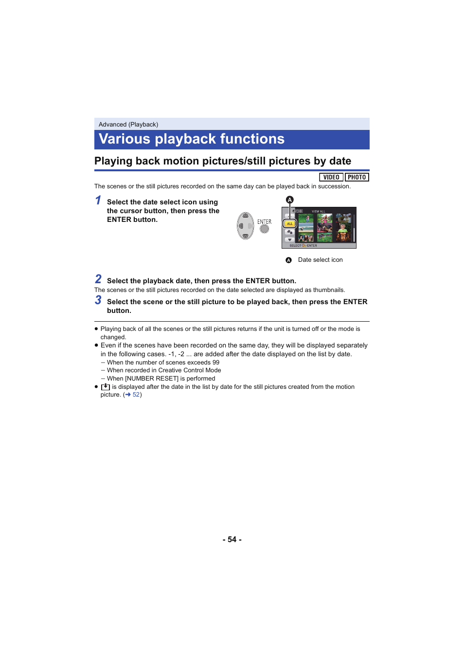 Various playback functions, L 54 | Panasonic HC-V130K User Manual | Page 54 / 100