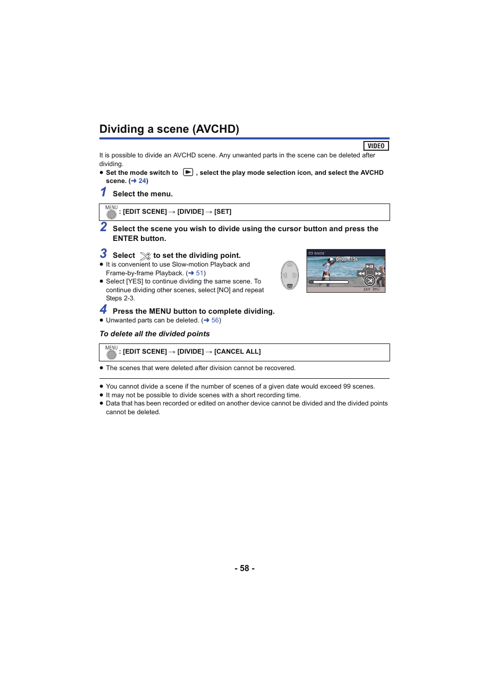 Dividing a scene (avchd) | Panasonic HC-V130K User Manual | Page 58 / 100