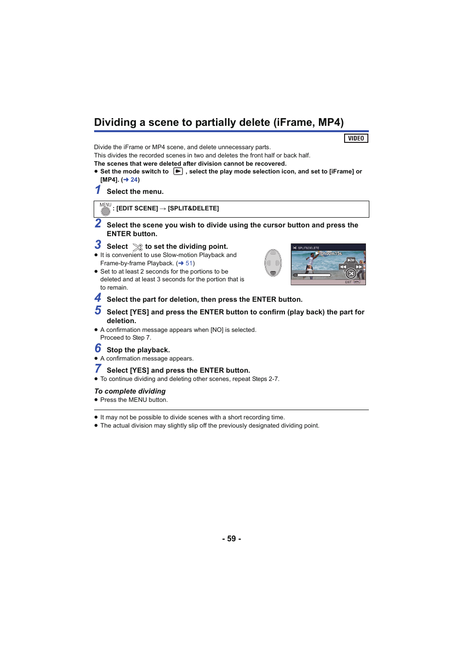 Dividing a scene to partially delete (iframe, mp4) | Panasonic HC-V130K User Manual | Page 59 / 100