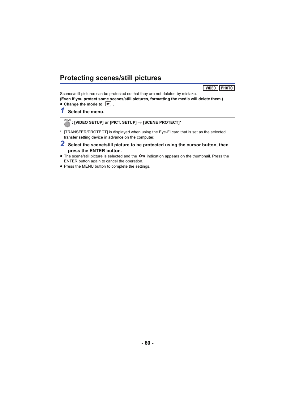 Protecting scenes/still pictures | Panasonic HC-V130K User Manual | Page 60 / 100