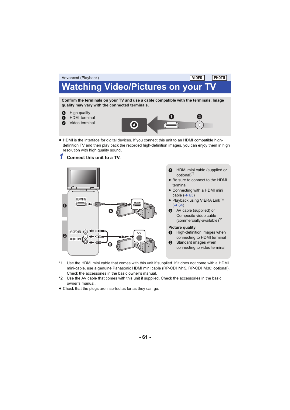 Watching video/pictures on your tv, L 61 | Panasonic HC-V130K User Manual | Page 61 / 100