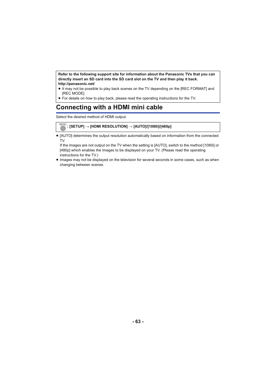 Connecting with a hdmi mini cable, Connecting with a hdmi mini, Cable | L 63 | Panasonic HC-V130K User Manual | Page 63 / 100