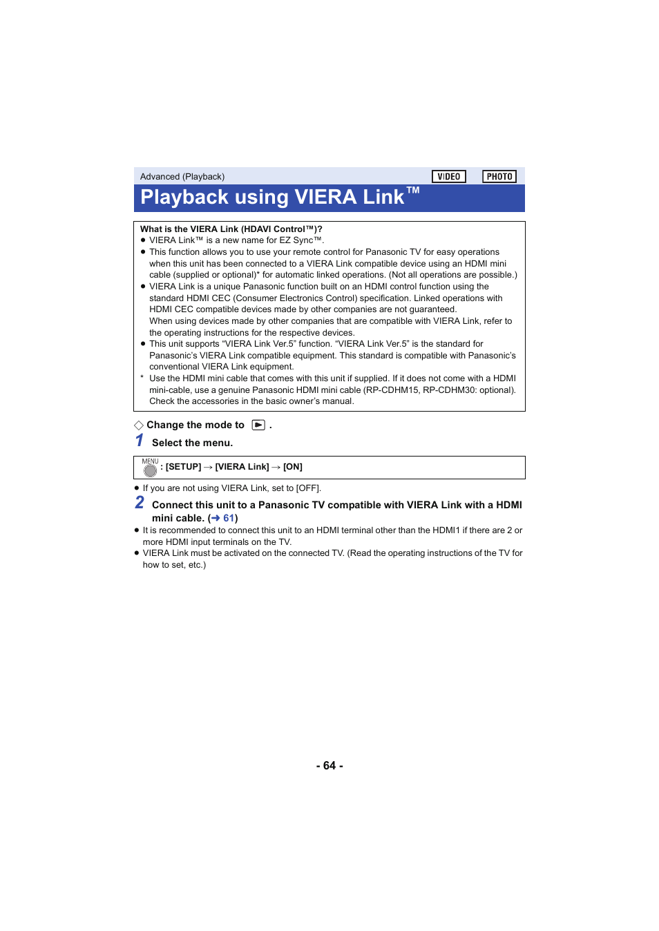 Playback using viera link, L 64 | Panasonic HC-V130K User Manual | Page 64 / 100