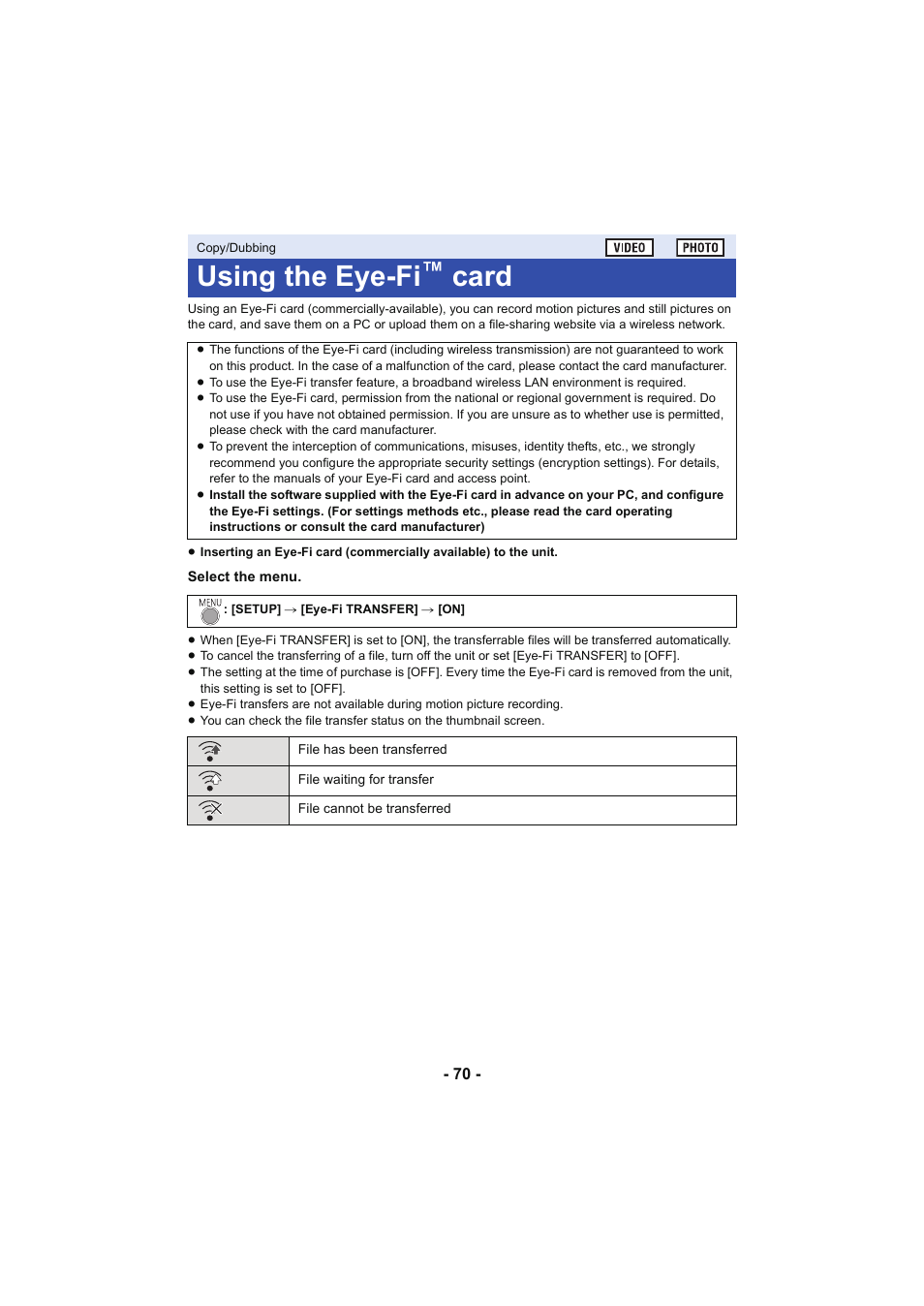 Using the eye-fi™ card, Using the eye-fi, Card | Panasonic HC-V130K User Manual | Page 70 / 100