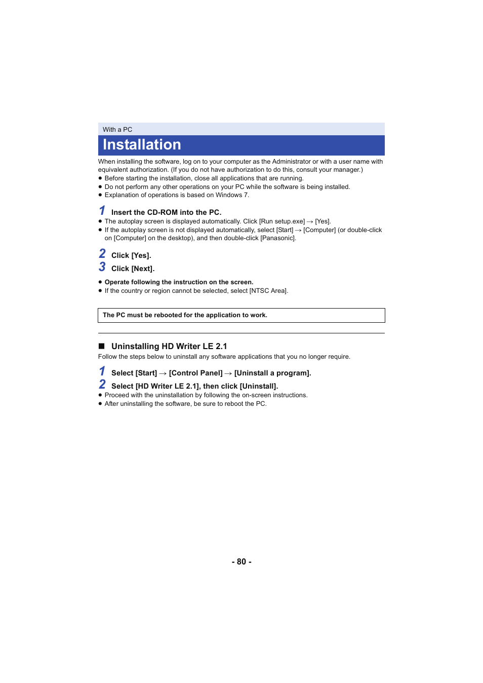 Installation | Panasonic HC-V130K User Manual | Page 80 / 100