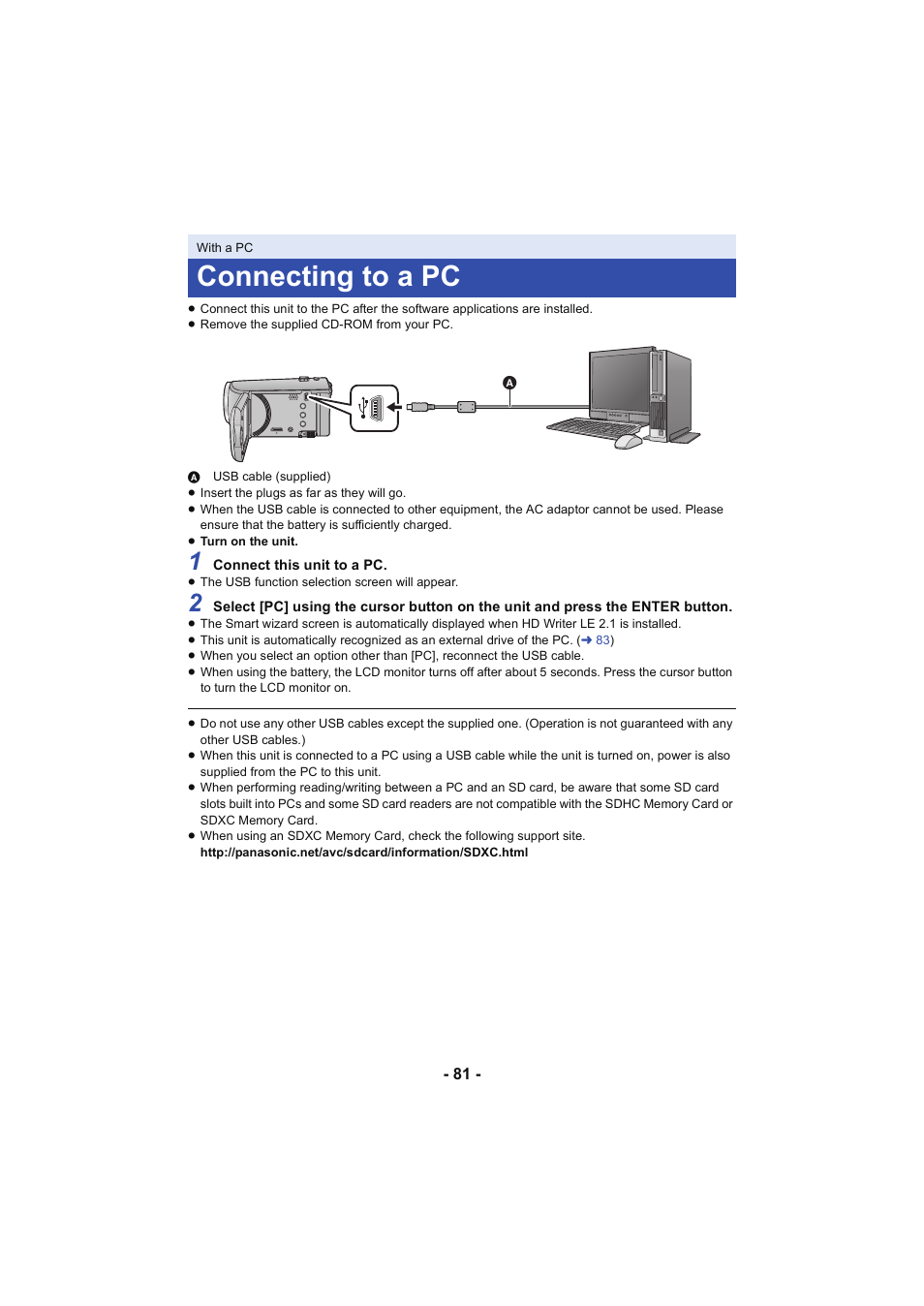 Connecting to a pc | Panasonic HC-V130K User Manual | Page 81 / 100