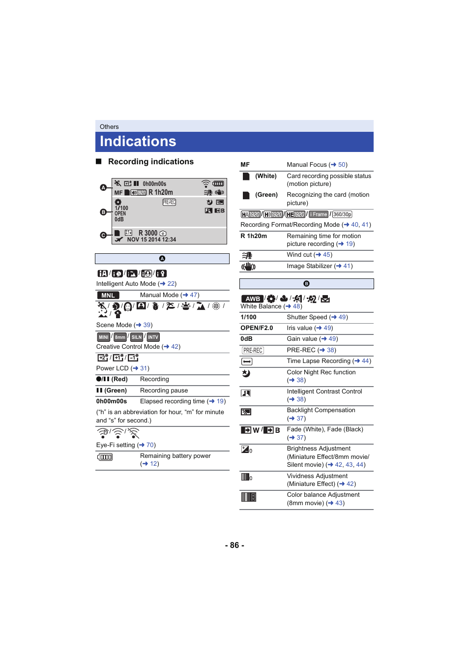Others, Indications, 86 - ∫ recording indications | Panasonic HC-V130K User Manual | Page 86 / 100