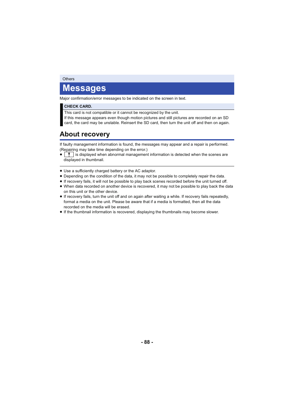 Messages, About recovery | Panasonic HC-V130K User Manual | Page 88 / 100